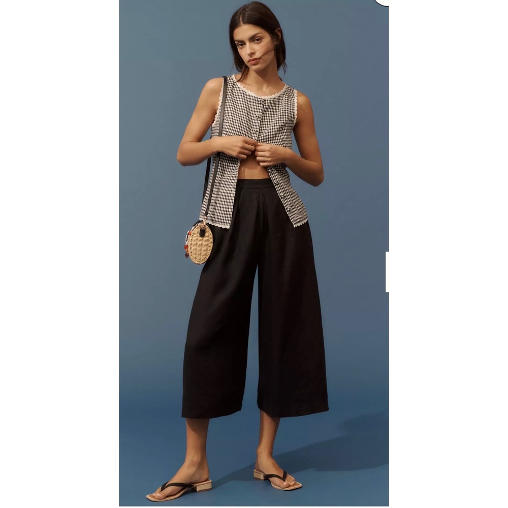 Anthropologie Linen Pleated Culotte Trousers XS Black Wide Leg Cropped Pants NEW
